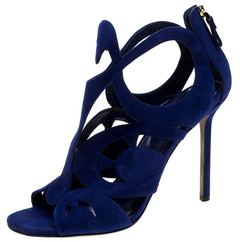 Sergio Rossi Blue Suede Cutout Sandals Size 38.5