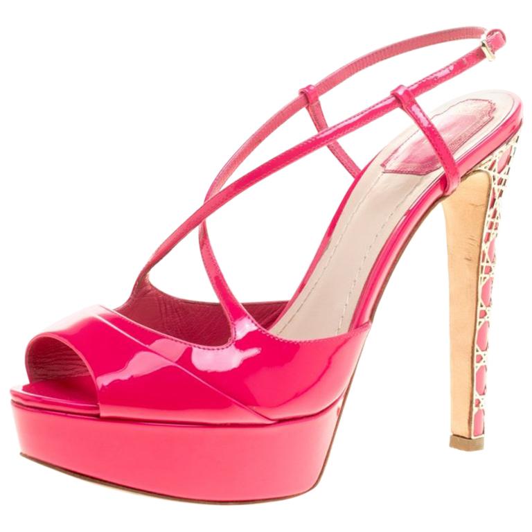 Dior Fuchsia Pink Patent Cannage Heel Cross Strap Platform Sandals Size ...