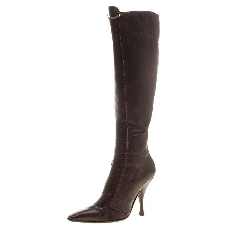 Saint Laurent Paris Brown Leather Knee Length Boots Size 38.5 For Sale ...