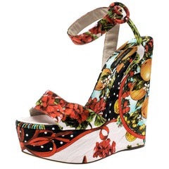 Dolce and Gabbana Printed Brocade Peep Toe Ankle Wrap Wedge Sandals Size 39.5