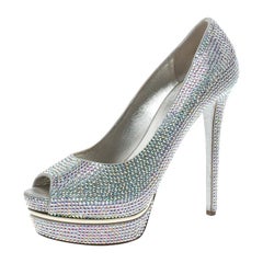 Le Silla Silver Crystal Embellished Leather Peep Toe Platform Pumps Size 39