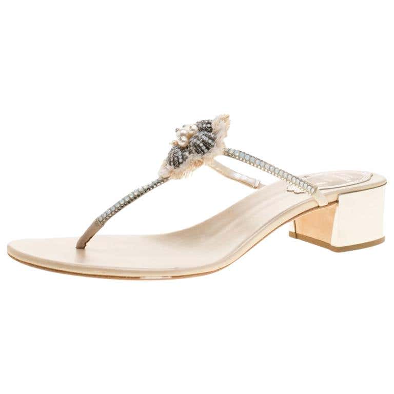 René Caovilla Cream Leather Crystal Embellished Thong Sandals Size 38.5 ...