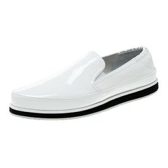 Prada Sport White Patent Leather Scrunch Slip On Loafer Sneakers Size 38