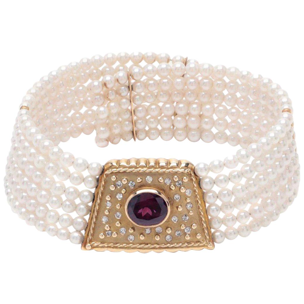 14 K Gold Rhodolite Garnet Cultured Pearl Choker-Art Deco Style For Sale