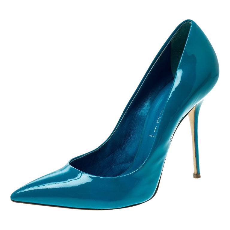Casadei Blue Patent Leather Tiffany Pointed Toe Pumps Size 39 For Sale ...