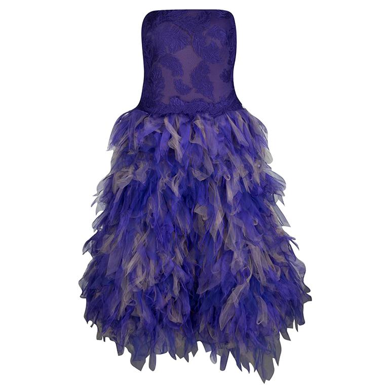 Tadashi Shoji Purple and Begie Tulle Embroidered Faux Feather Strapless Dress M