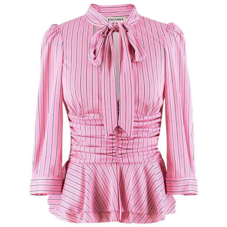 Balenciaga Pink Striped Pussybow Blouse US 0-2 For Sale