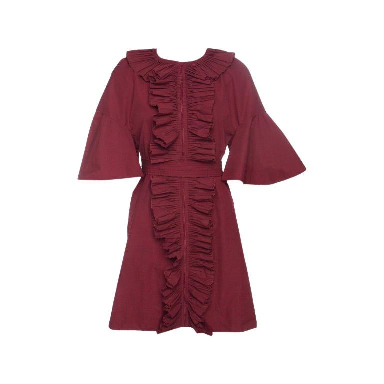 Fendi Red Ruffled Trim Flared Sleeve Belted Cocktail Dress S