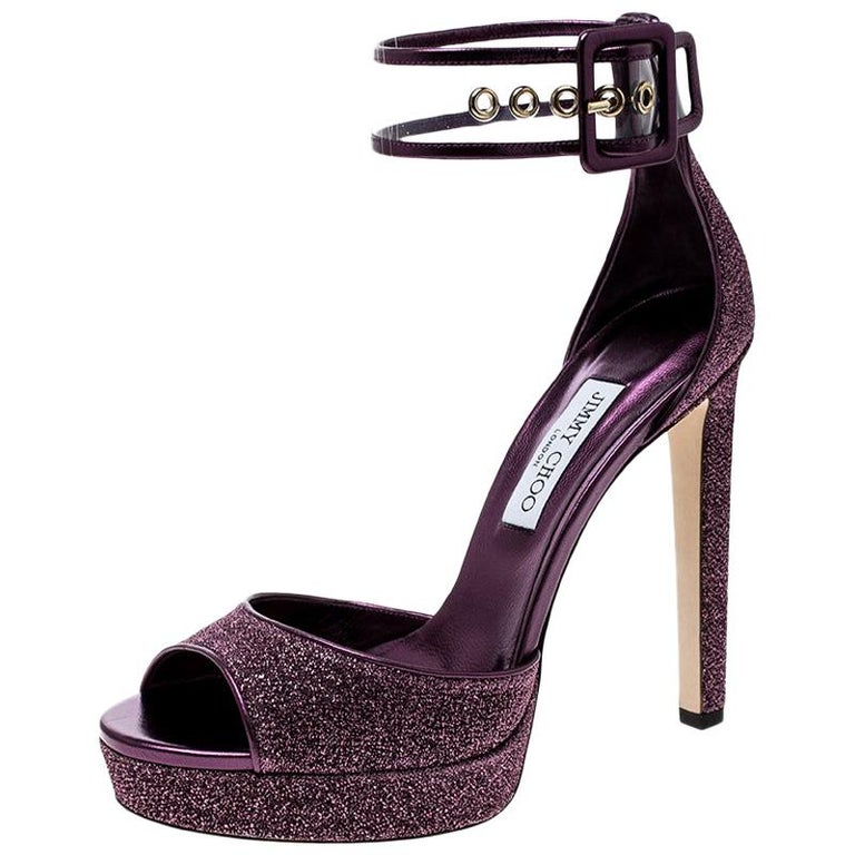 Jimmy Choo Metallic Purple Fabric and PVC Peep Toe Ankle Cuff Sandals ...