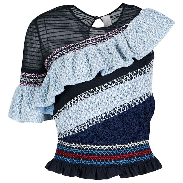 Peter Pilotto Blue Smocked Asymmetric Ruffle Detail Octave Top S