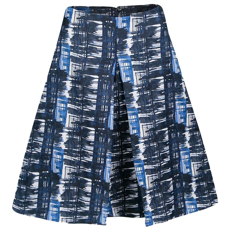 Oscar de la Renta Blue and White Printed A-Line Inverted Pleat Skirt S