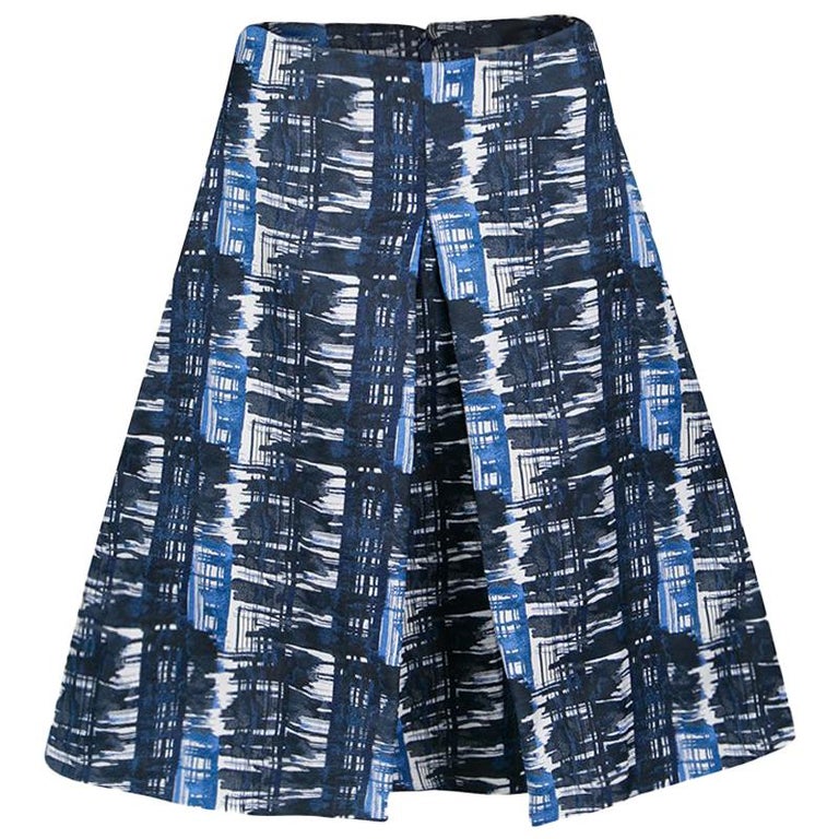Oscar de la Renta Blue and White Printed A-Line Inverted Pleat Skirt S ...