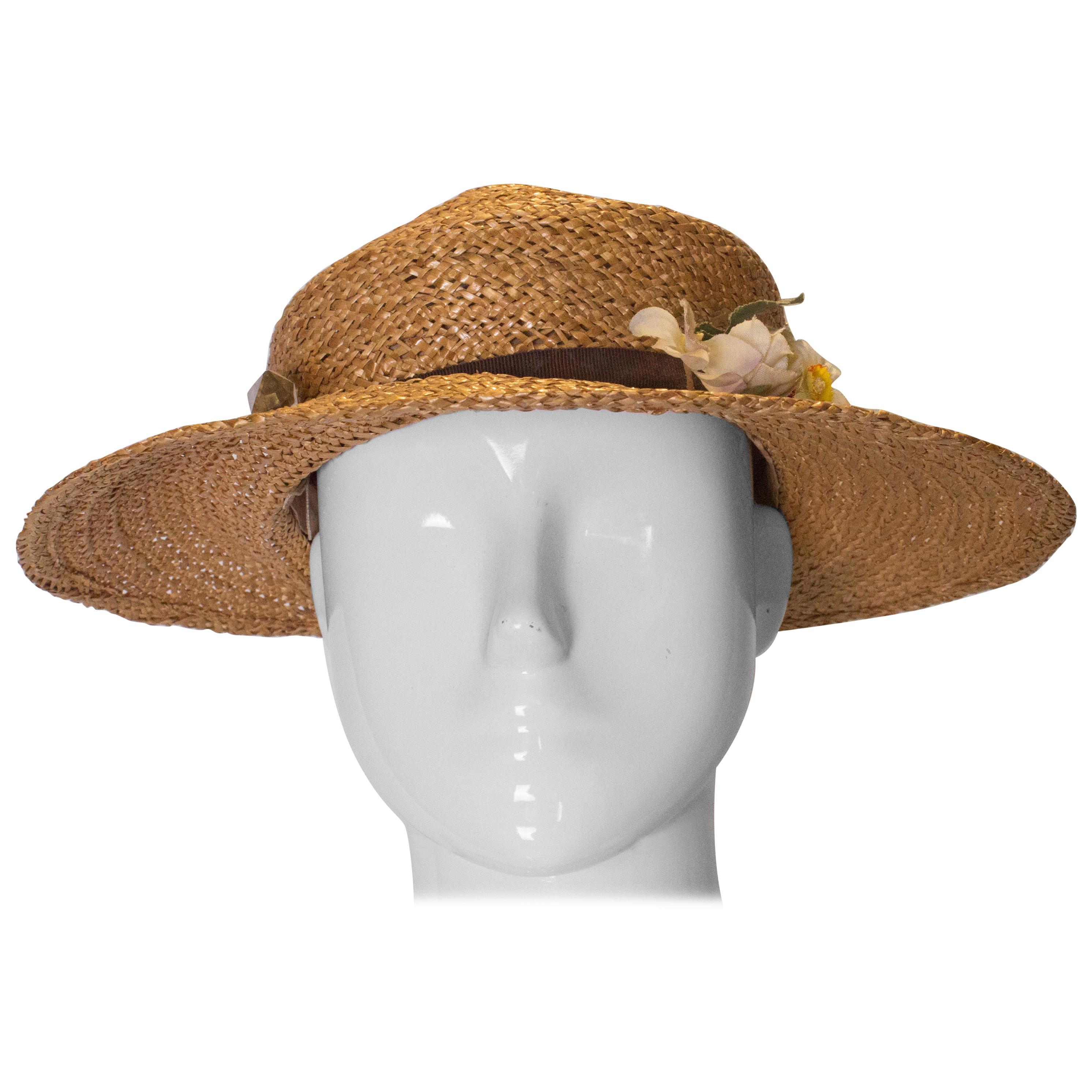 Vintage Straw Hat with Ribbon For Sale