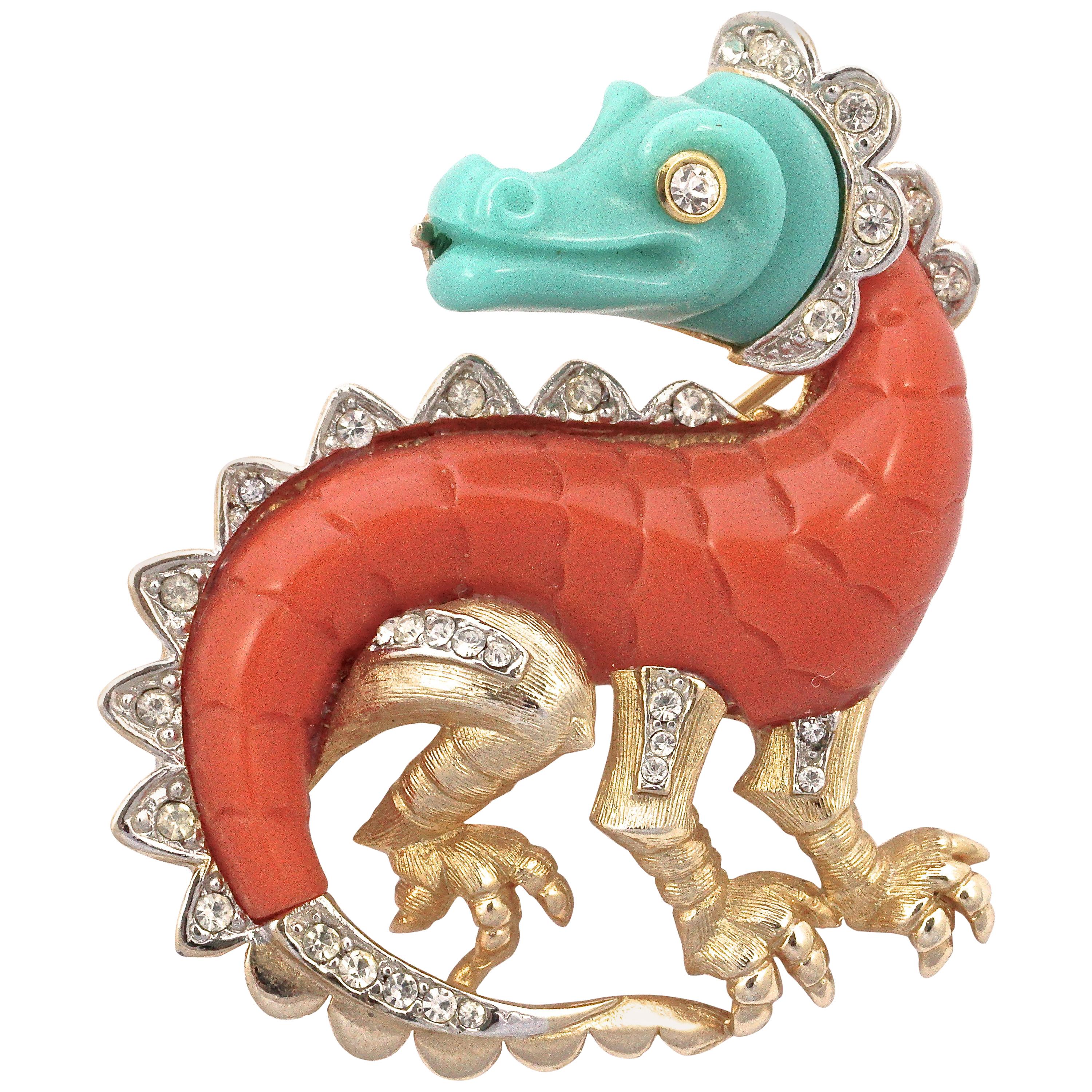 Hattie Carnegie Gold Tone Turquoise and Coral Rhinestone Figural Dragon Brooch