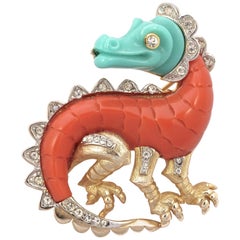 Vintage Hattie Carnegie Gold Tone Turquoise and Coral Rhinestone Figural Dragon Brooch