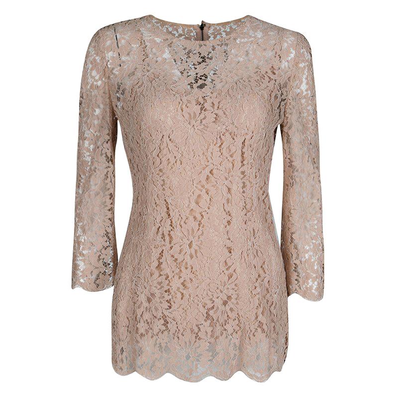 Dolce and Gabbana Blush Pink Floral Lace Scallop Trim Long Sleeve Blouse M