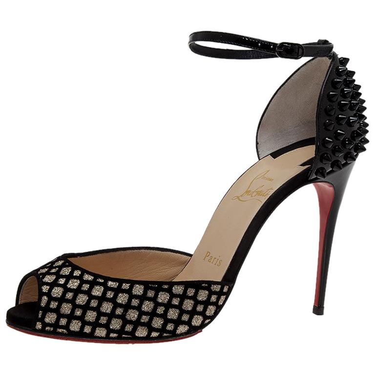 Christian Louboutin Black Suede Spike Peep Toe Ankle Strap Pumps Size ...