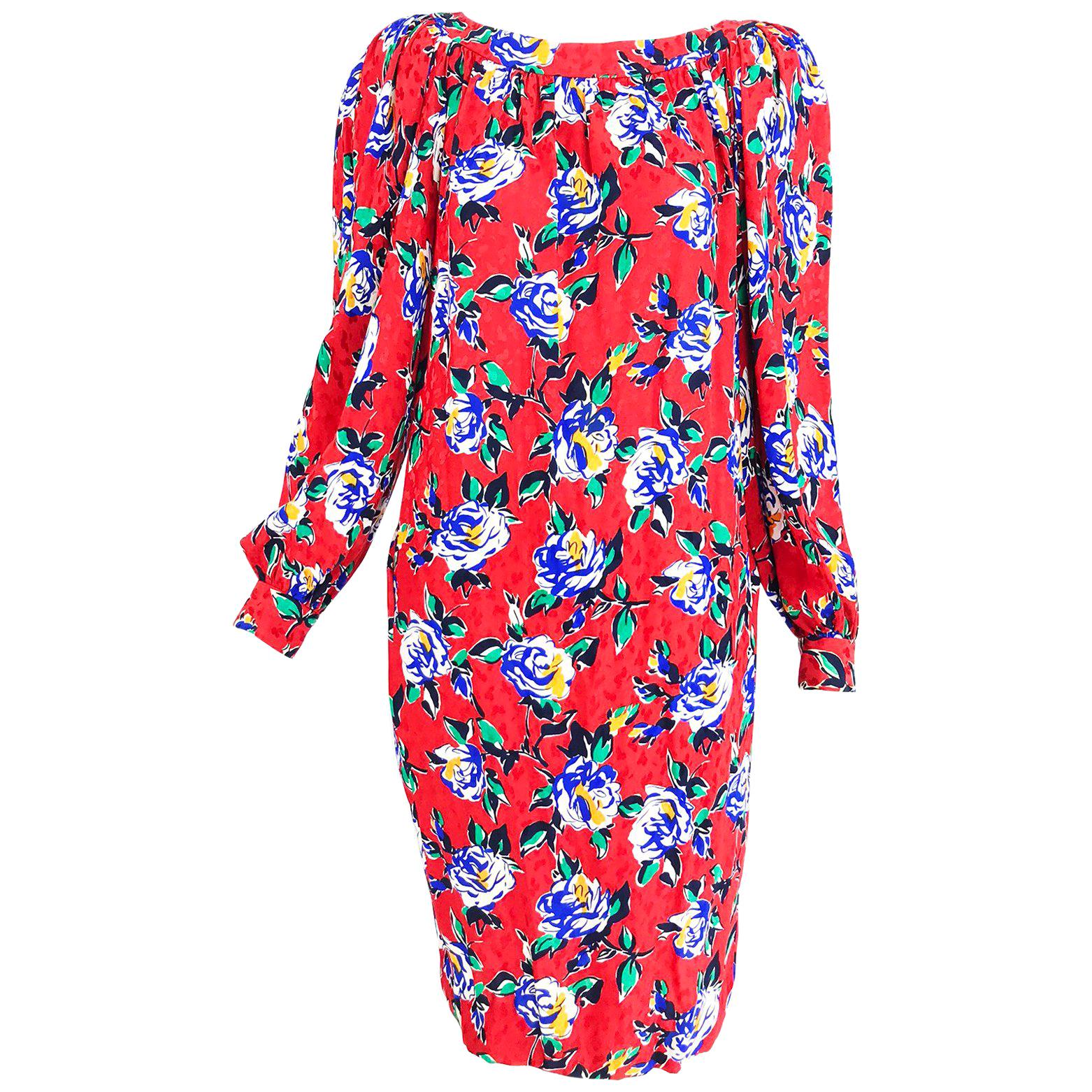 Yves Saint Laurent Red Floral Silk Jacquard Scoop Neck Dress 1990s