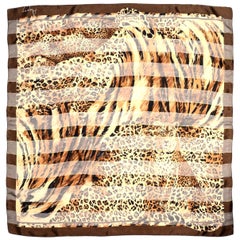 Asprey Leopard Sheer Silk 34" Scarf W/ Metallic/Iridescent Stripe