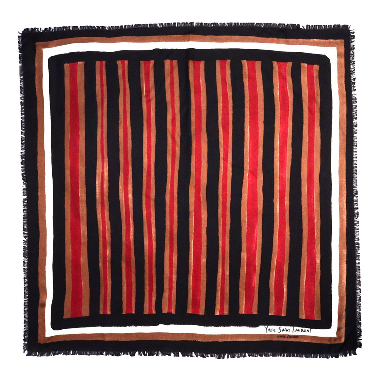 Yves Saint Laurent Haute Couture Black/Brown/Red Striped 35" Silk Scarf W Fringe