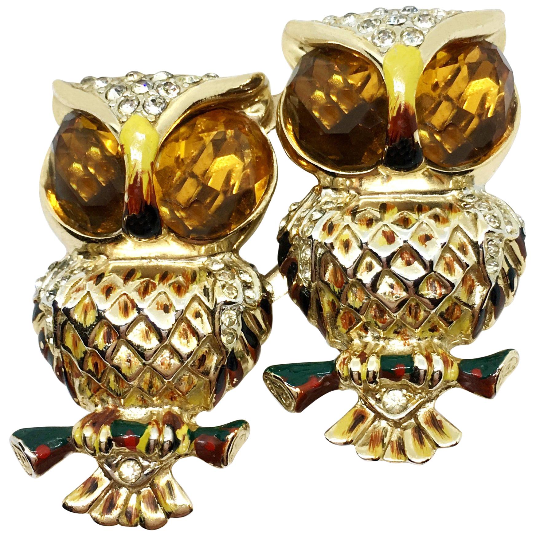 Circa 1940s Coro Craft Duette Yellow and Goldtone Owl Brooch/Clips For Sale