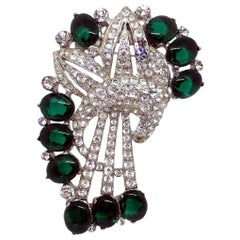 Vintage Circa 1930s Coro Emerald Green Cabochon & Rhinestone Brooch/Clip