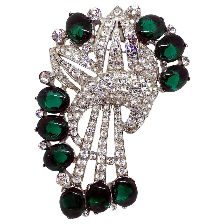 Vintage Coro Rhinestone Crescent Moon Brooch Green Amber Navette 2”