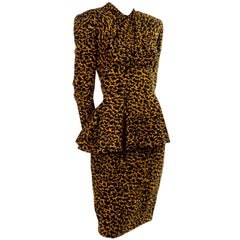 Vicky Tiel Peplum Top & Skirt Dress / Suit in Yellow & Black Abstract Silk Print