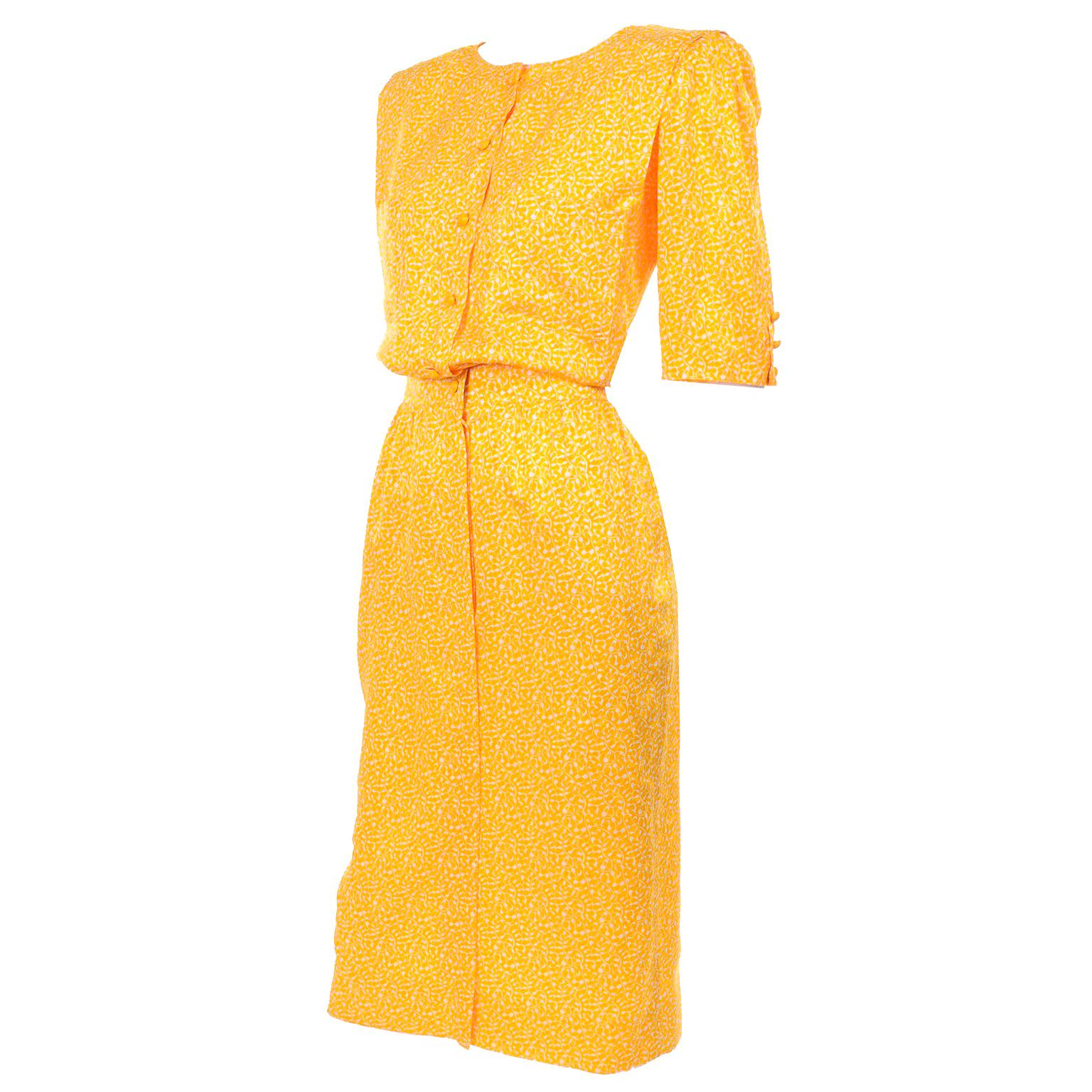 Vintage Ungaro Parallele Rayon Dress in Yellow & White Print For Sale