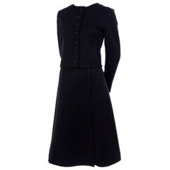 Vintage YSL Yves Saint Laurent Black Wool Skirt Suit w/ Boxy Jacket & Braid Trim