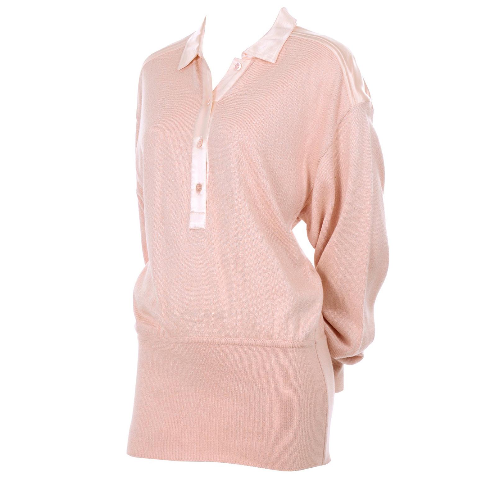 Vintage Escada Margaretha Ley Silk Blend Sweater in Nude Pink With Satin Trim