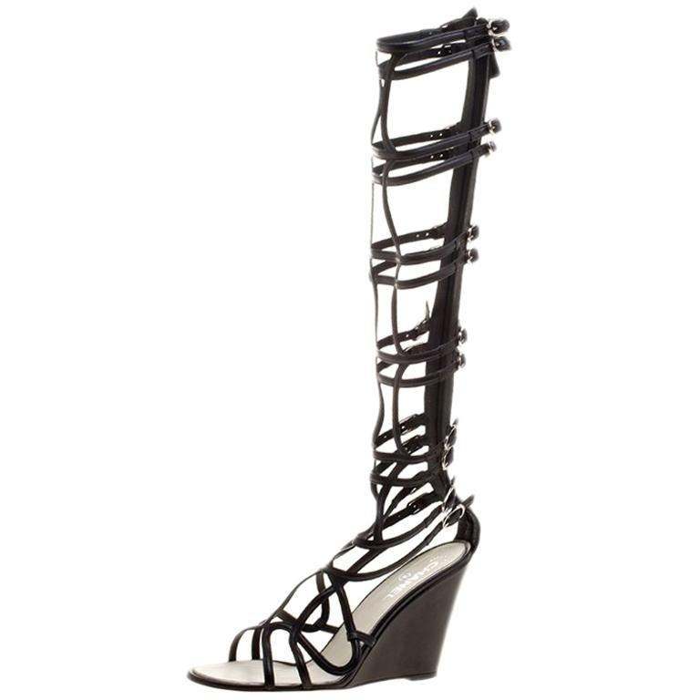 Chanel Black Leather Open Toe Gladiator Wedge Sandals Size 40.5 For ...