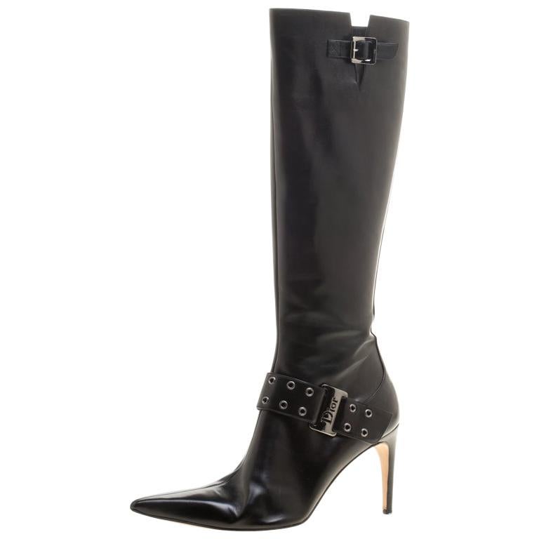 Dior Black Leather Eyelet Detail Pointed Toe Knee High Boots Size 40.5 ...