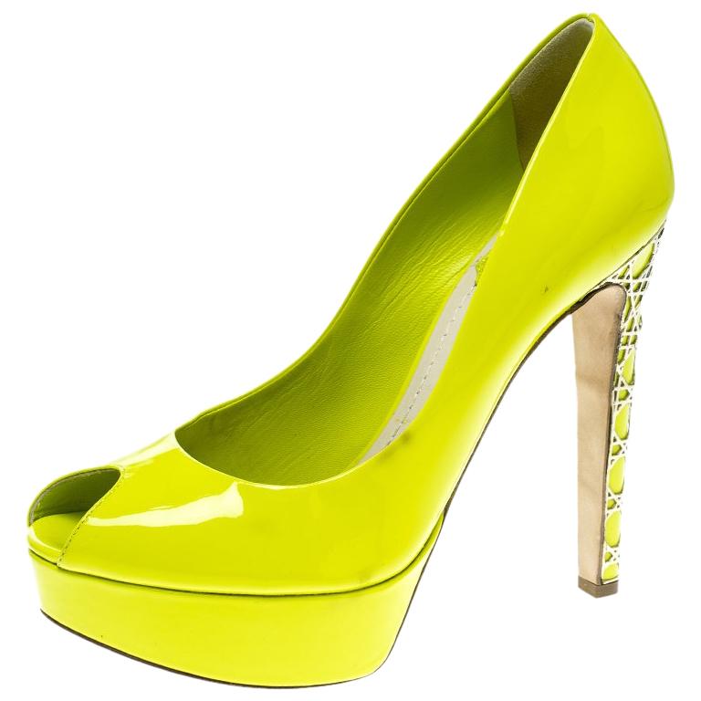 Dior Lime Green Patent Leather Peep Toe Cannage Heel Platform Pumps Size 37.5