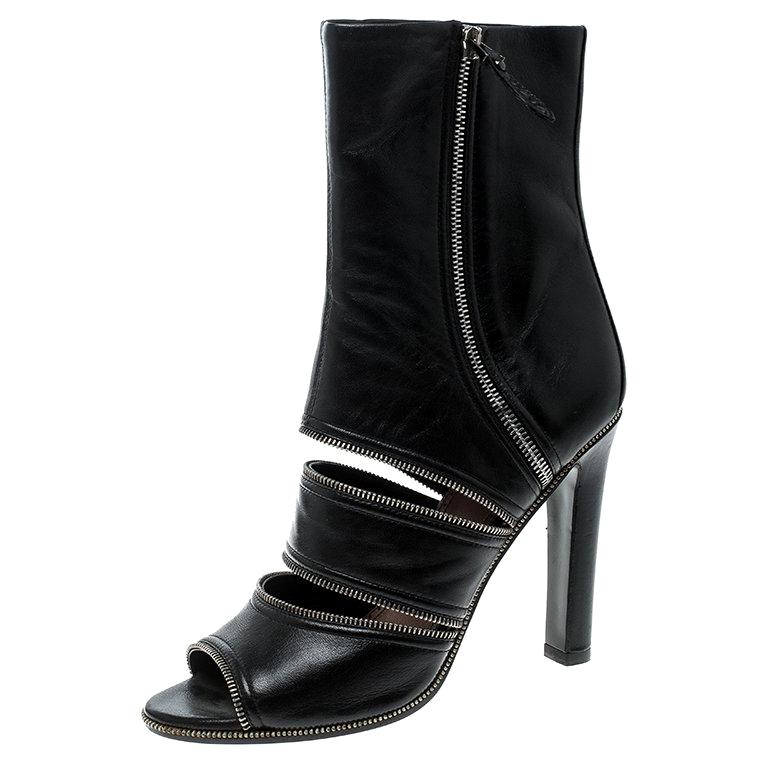 Alaia Black Leather Peep Toe Zipper Booties Size 39