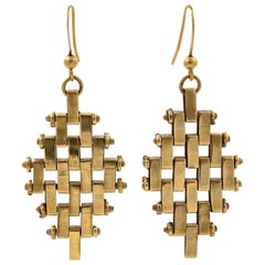 Jakob Bengel Art Deco Gold Tone Brickwork Link Pierced Drop Earrings