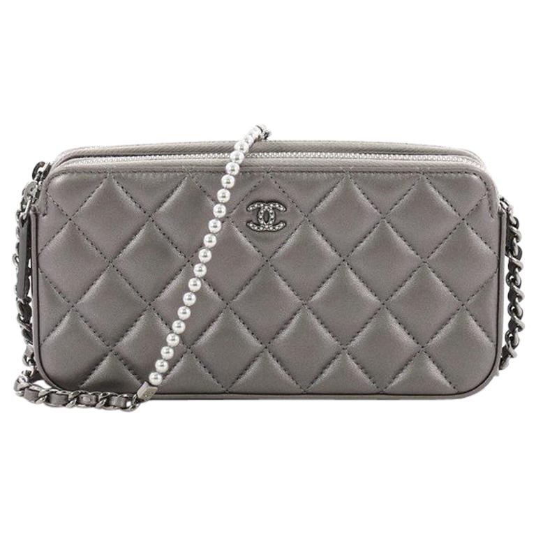 Chanel Double Zip Clutch with Pearl Chain Quilted Lambskin at 1stDibs Chanel Double Zip Clutch with Pearl Chain Quilted Lambskin at 1stDibs
