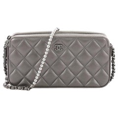 Chanel Double Zip Clutch with Pearl Chain Quilted Lambskin