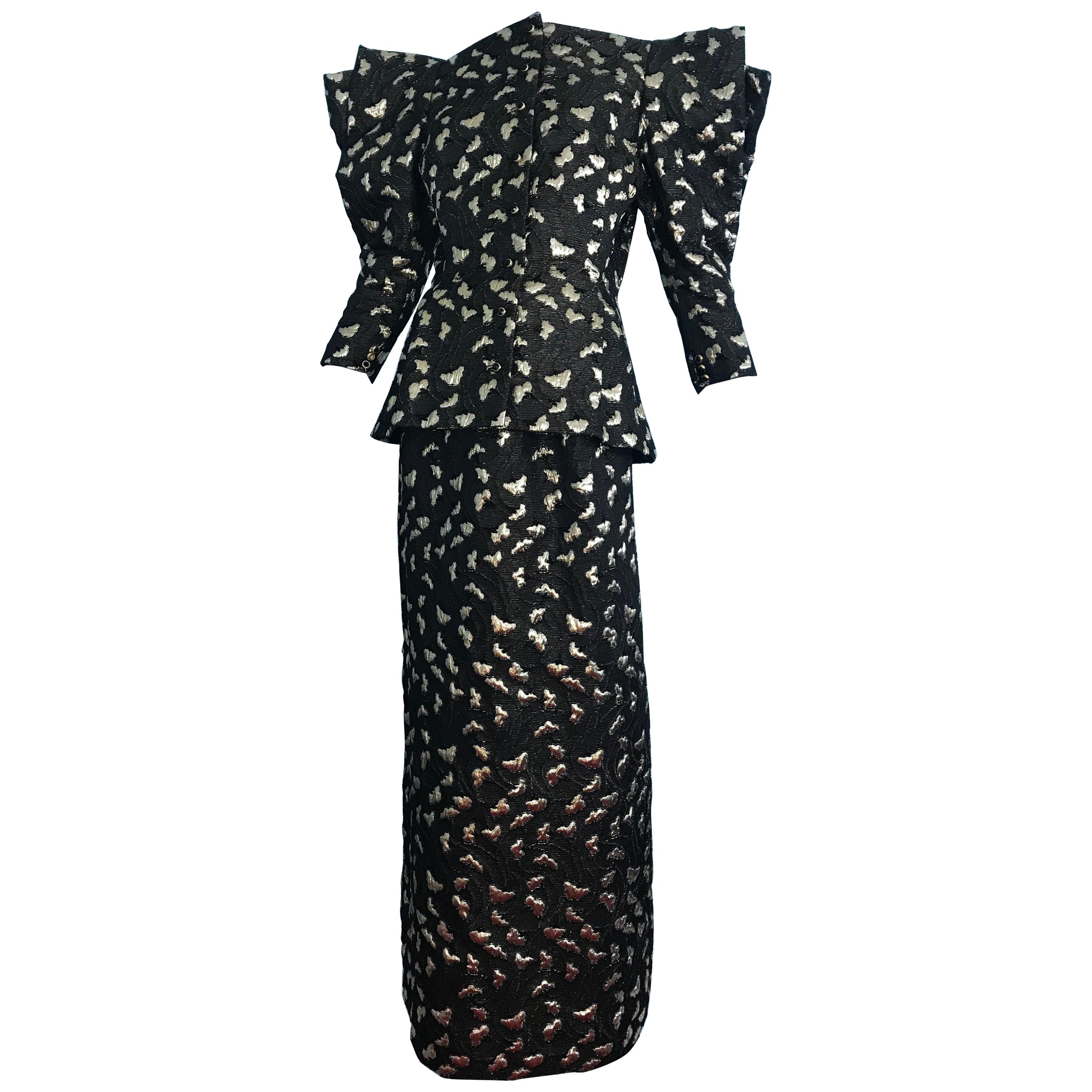 Pauline Trigere Black and Gold Brocade 2 Piece Skirt Suit, 1980s For Sale