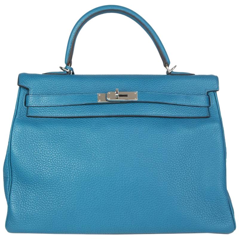 HERMES Bleu Izmir blue Clemence leather & Palladium KELLY 35 AMAZONE Bag