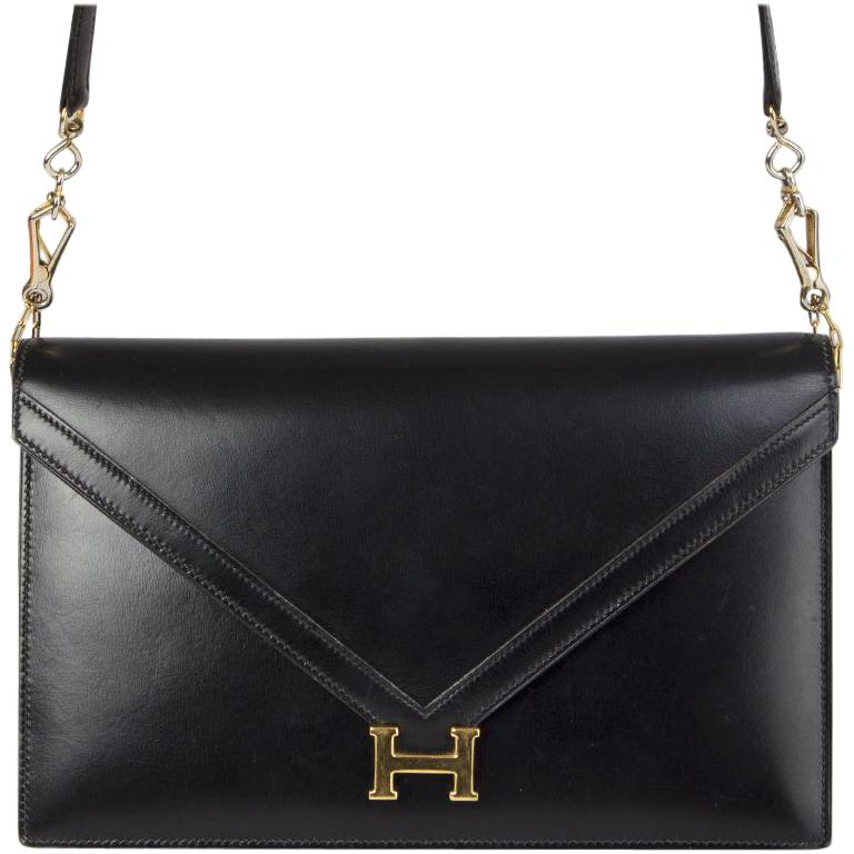 HERMES Black Veau Box leather & Gold LYDIE Shoulder Bag / Clutch