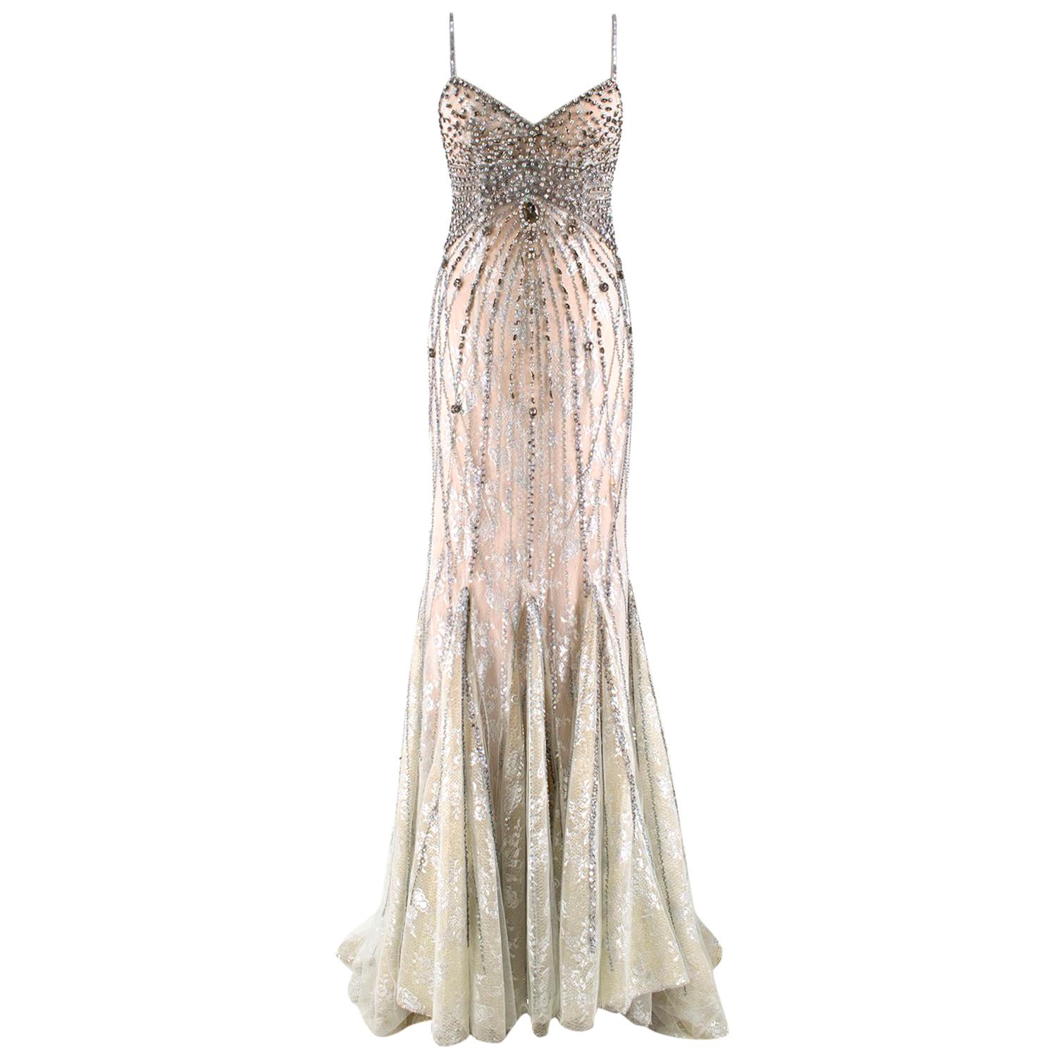 Bespoke Crystal Embellished Lace Gown US 8