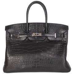 HERMES black Matt Alligator crocodile & Palladium BIRKIN 35 Bag