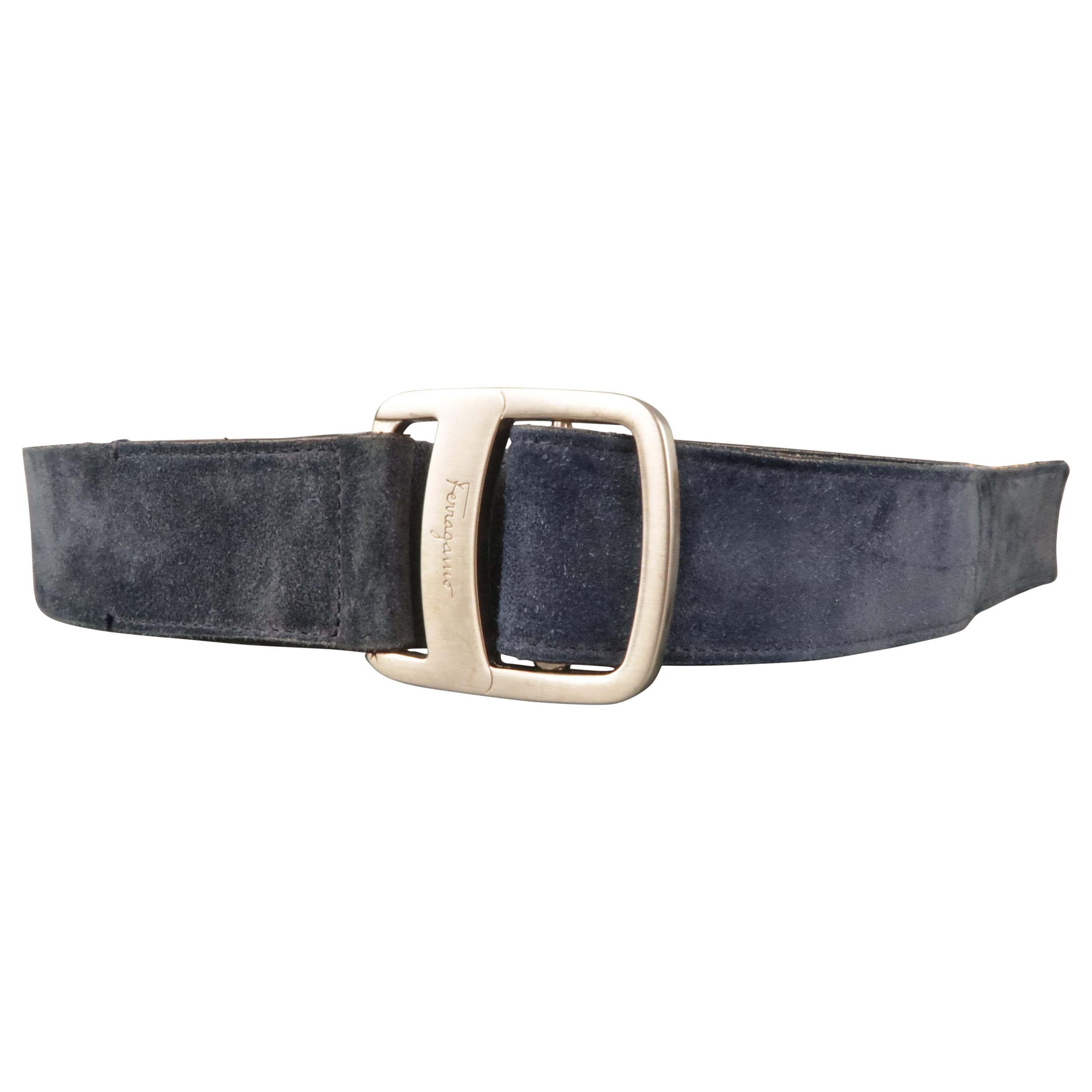  SALVATORE FERRAGAMO Size 36 Navy Suede Silver Tone Buckle Belt