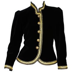 Yves Saint Laurent Rive Gauche Black Velvet Metallic Gold Trim Blazer French 36