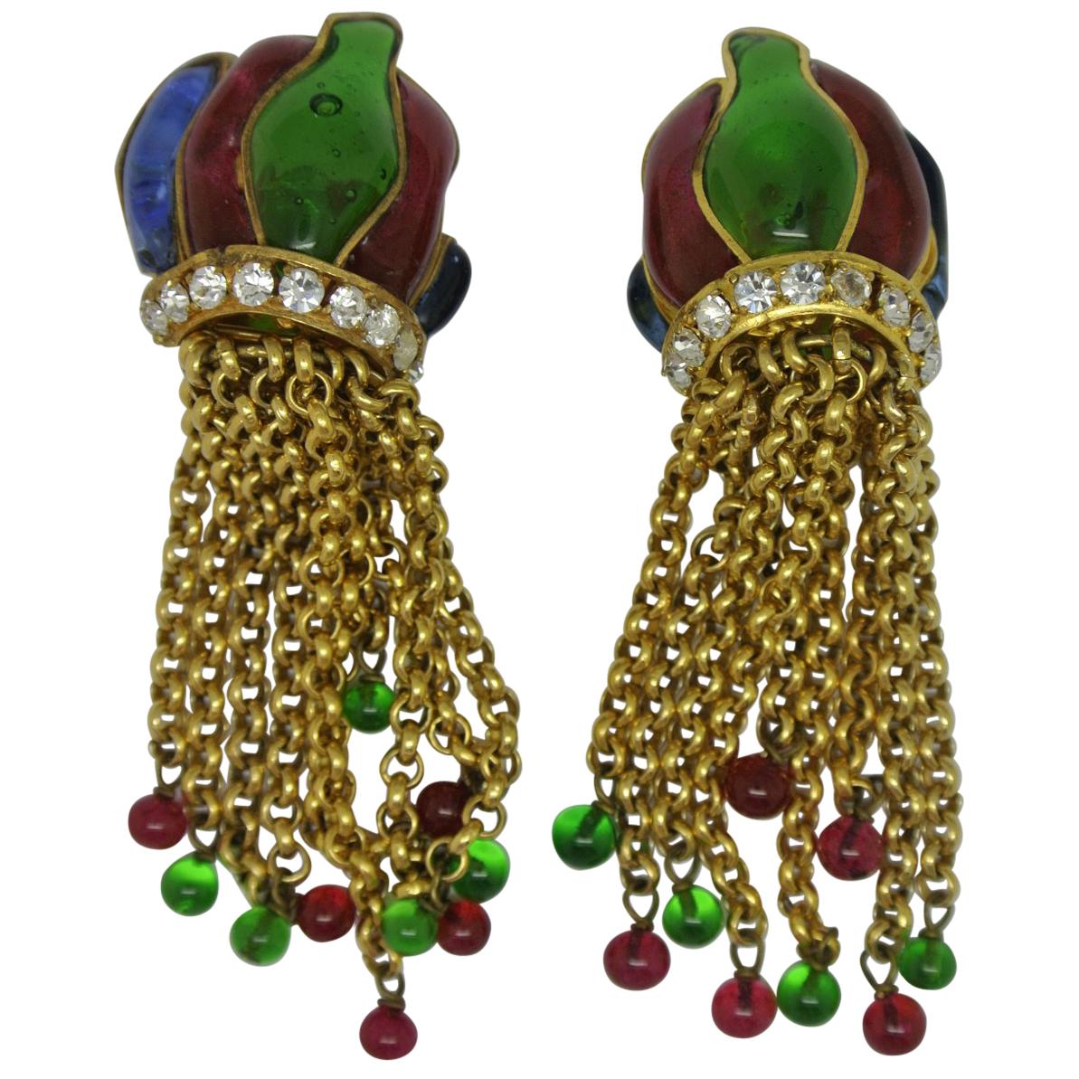 Vintage Chanel multi-colour poured Glass flame shape tassel drop Earrings For Sale