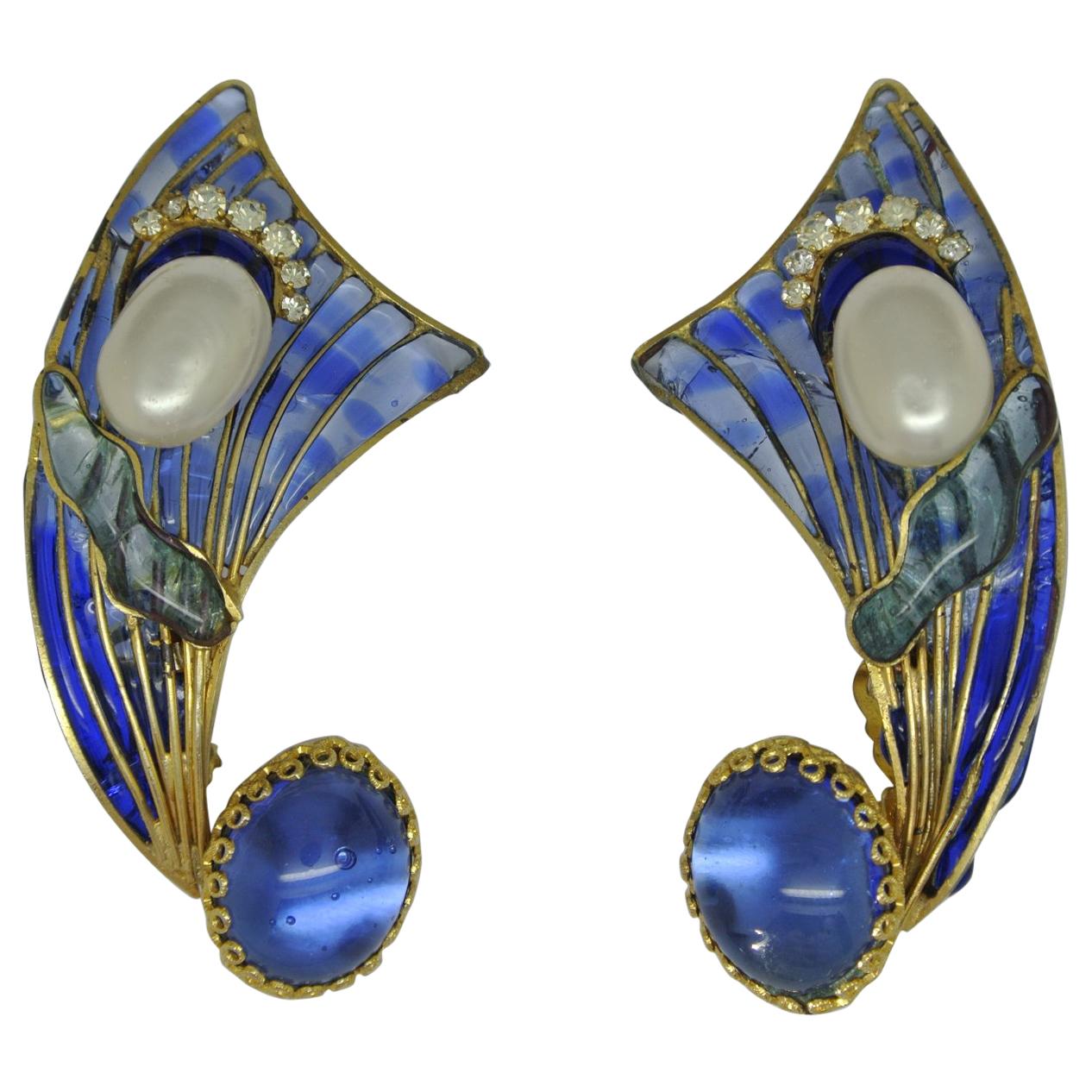 French Gripoix early blue Poured Glass couture Earrings For Sale