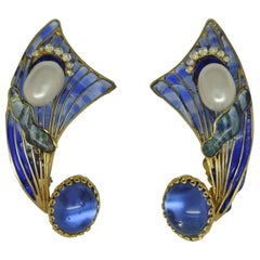 French Gripoix early blue Poured Glass couture Earrings