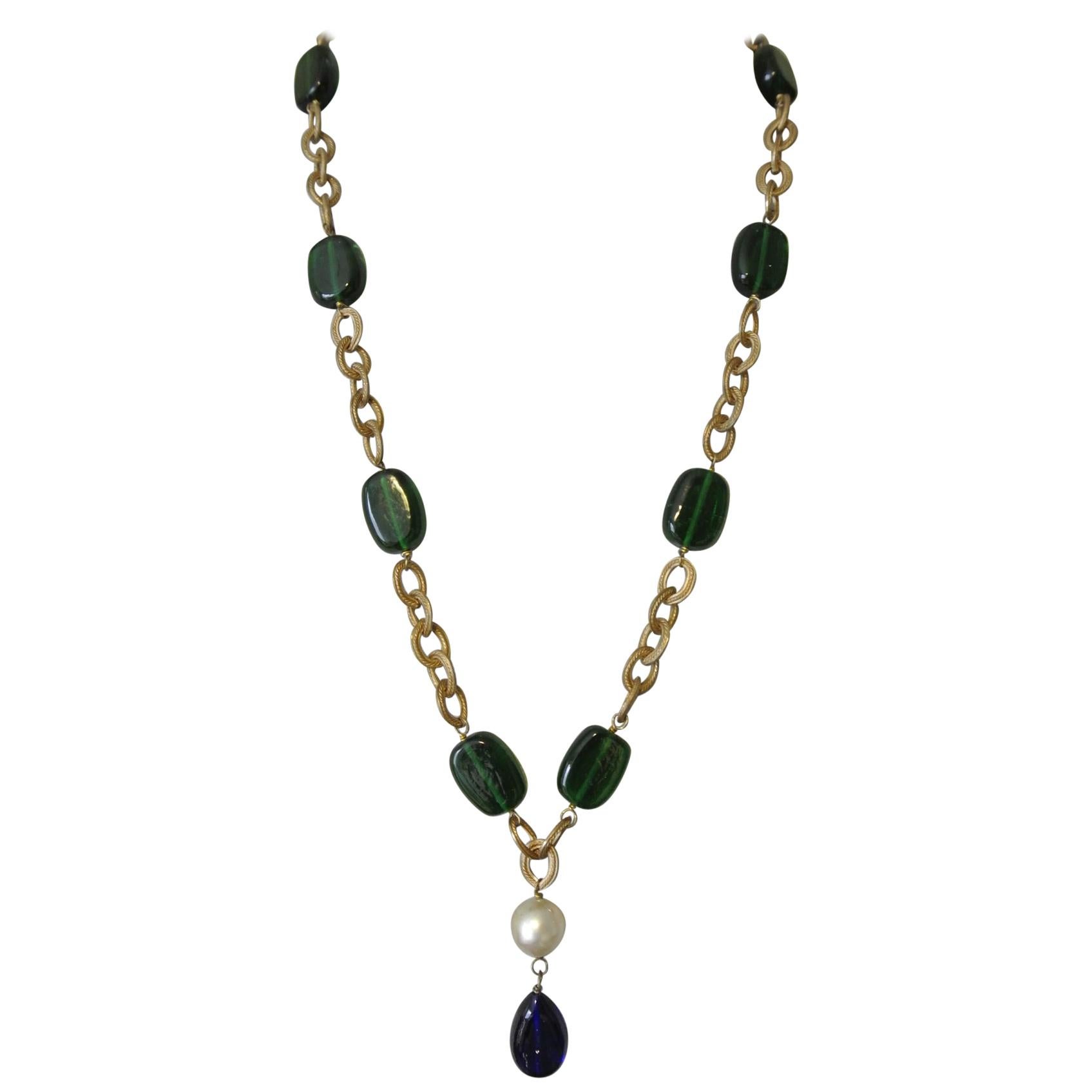 Chanel Gripoix Poured Glass blue green beaded drop Necklace For Sale