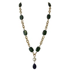 Retro Chanel Gripoix Poured Glass blue green beaded drop Necklace